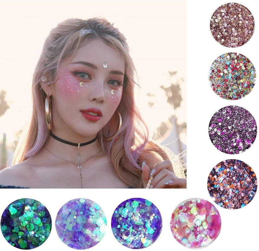 8 Color Face Glitter Cosmetic Glitter, for Body, Cheeks and Hair, Festival and Party Beauty Makeup - Includes Long Lasting Fix Gel and Brush