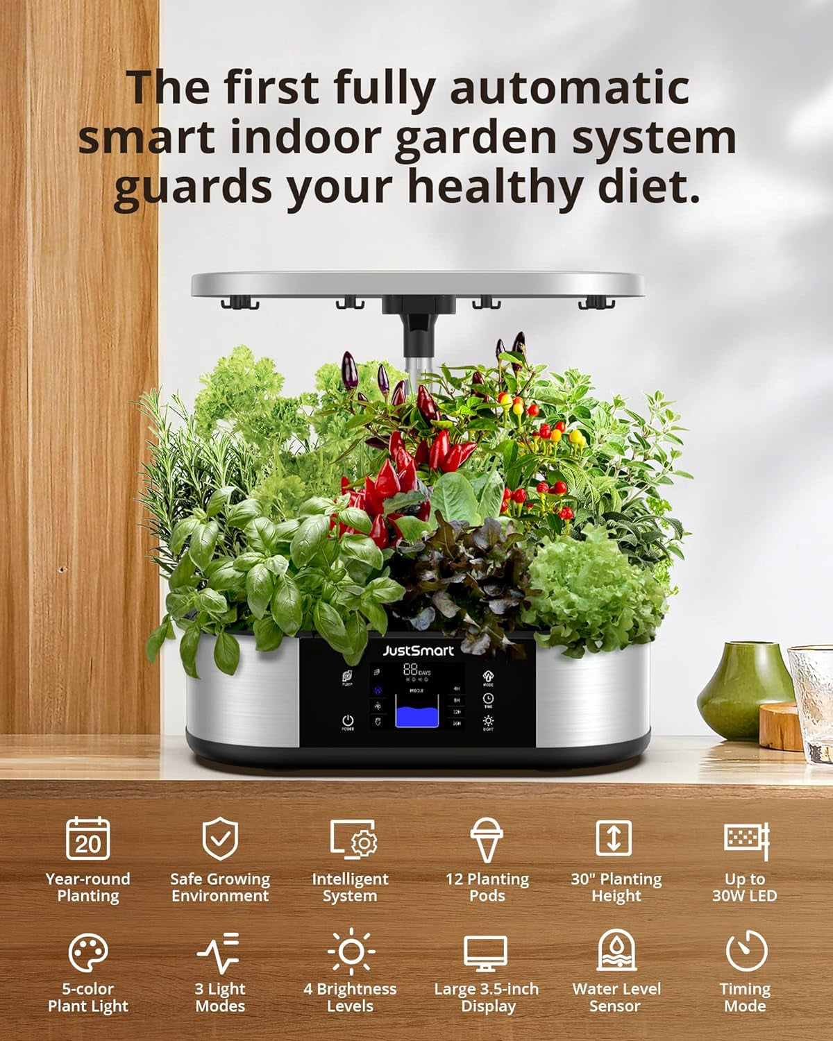 12 Pods Hydroponics Growing System Smart Indoor Garden Planter with 5L Water Tank, Herb Garden with 30W LED Grow Lights, 30 Inches Height Adjustable, Automatic Timer