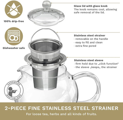 Glass Teapot 850Ml with Warmer - Stovetop Safe Tea Kettle with Stainless Steel Infuser and Glass Lid, Ideal for Preparing Loose Teas - Drip Free