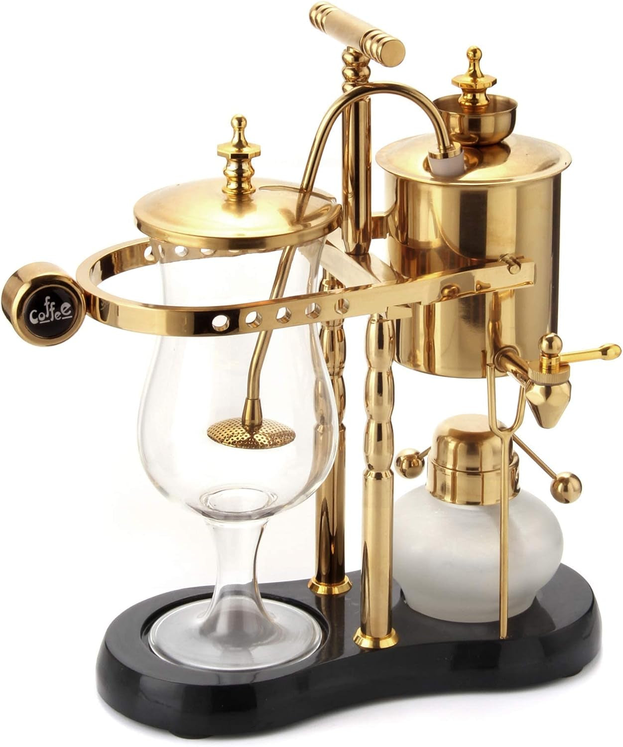 Belgian/Belgium Family Balance Siphon/Syphon Coffee Maker. Elegant Double Ridged Fulcrum with Tee Handle (Classic Gold)