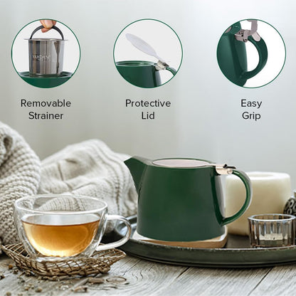 Porcelain Loose Leaf Teapot with Infuser, Strainer & Lid | Tea Pot for 2 People | Dark Green | Tea & Coffee Teapot, Tea Gift Sets - 500Ml/17 Oz