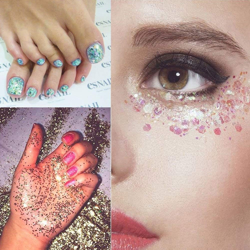 8 Color Face Glitter Cosmetic Glitter, for Body, Cheeks and Hair, Festival and Party Beauty Makeup - Includes Long Lasting Fix Gel and Brush