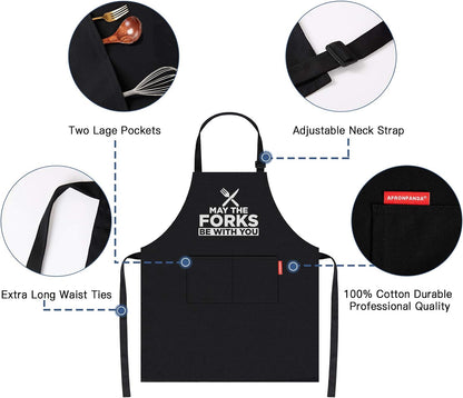 Mens BBQ Grilling Kitchen Aprons-May the Forks Be with You, Novelty Funny Cooking Apron for Movie Fans, Black Chef Apron, Christmas Gifts for Him, Men, Husband, Boyfriend, Son