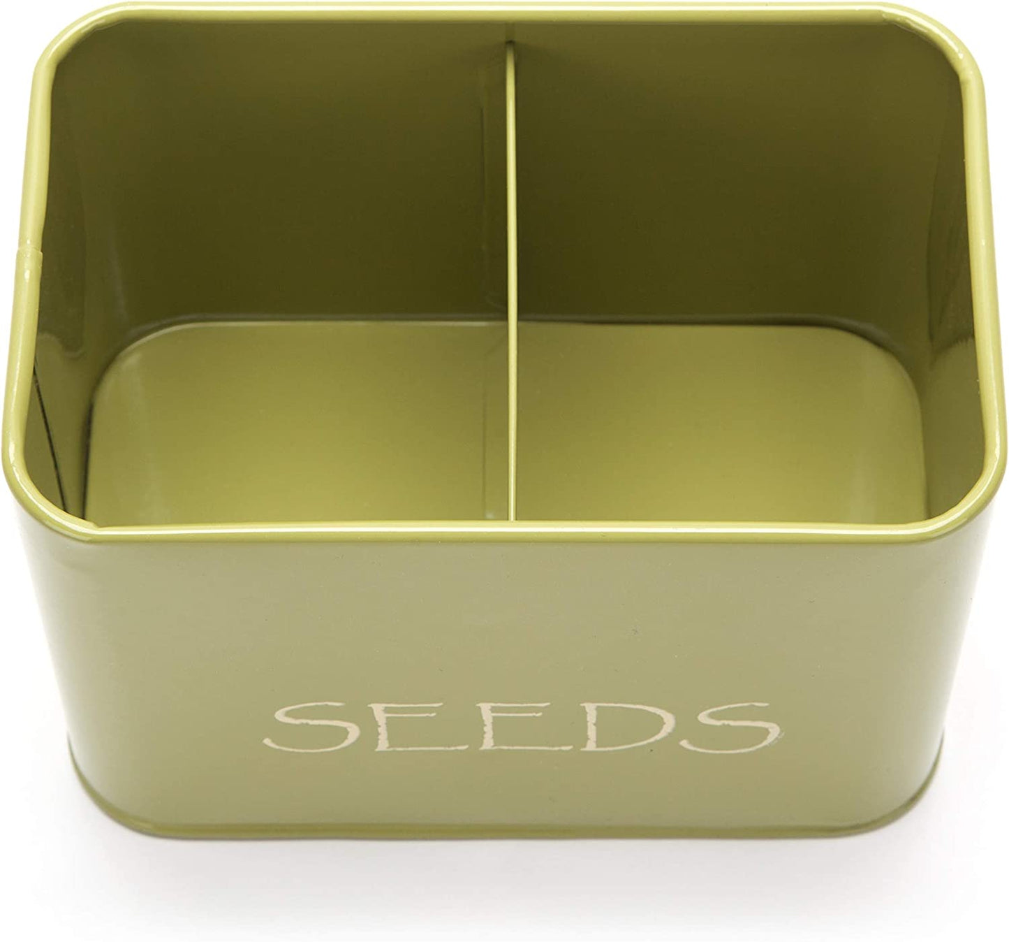 Steel Seed Storage Box Organiser in Green. Compact Seed Packet Container with Lid Complete with Monthly Dividers, 20 Envelopes and Pencil