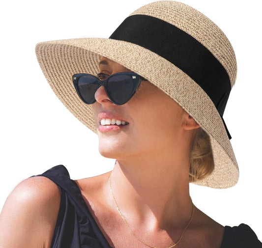 Sun Hats Women, Ladies Straw Beach Hats UV Protection Summer Hat Foldable UPF 50 Wide Brimmed Sunhats Travel Holiday Hat Packable Adjustable