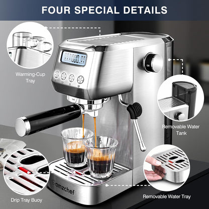 20 Bar Espresso Coffee Machines with LCD Panel and Steam Milk Frother, Compact Cappuccino and Latte Machine, All in One Coffee Machine for Home Use with 1.3L Removable Water Tank, 2 Filters