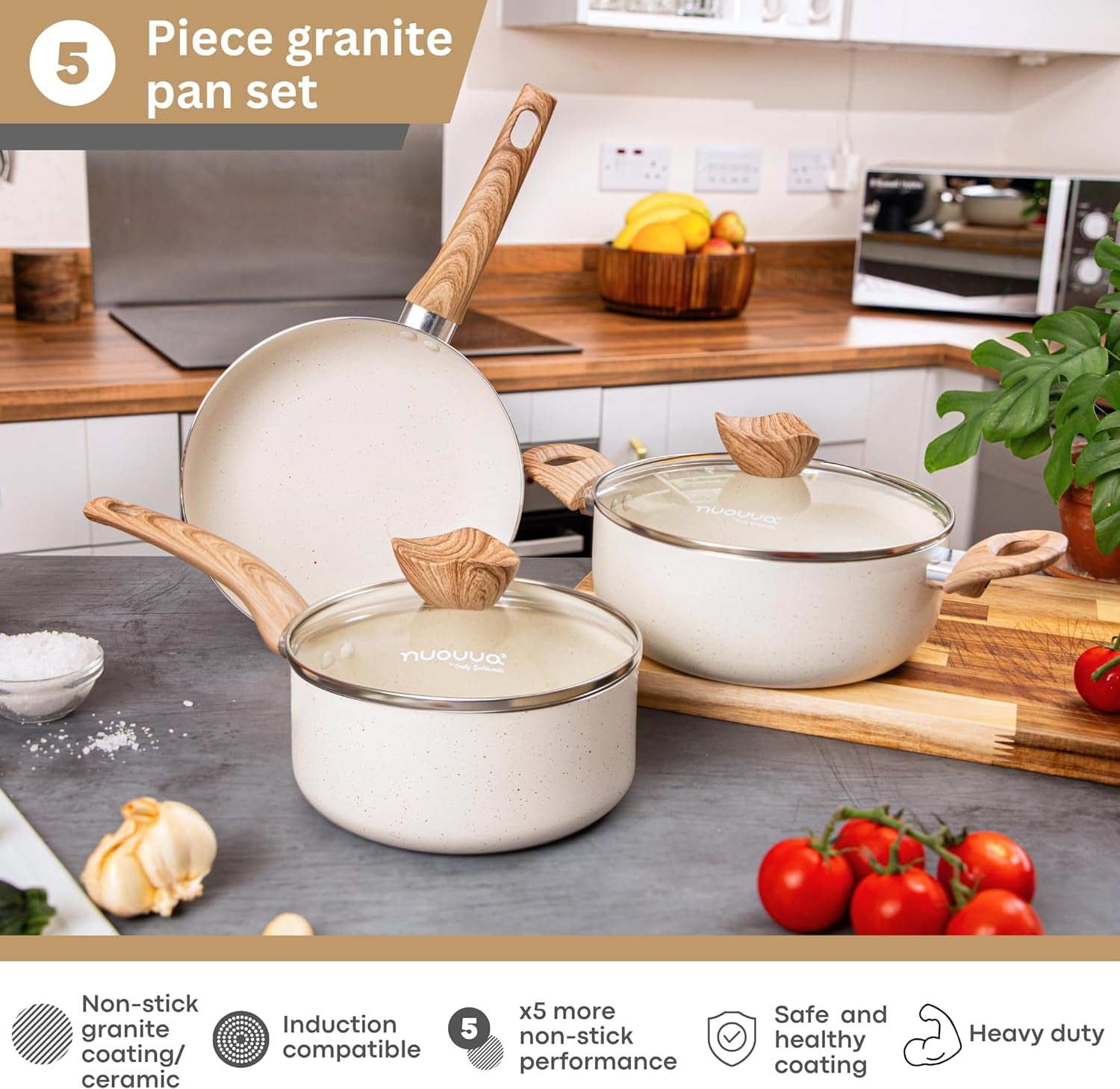 Non Stick Pots and Pans Set – Induction Hob Pots Set – 5Pcs Kitchen Cookware with Lids – Cooking Cream Granite Saucepan Pots and Frying Pans – by