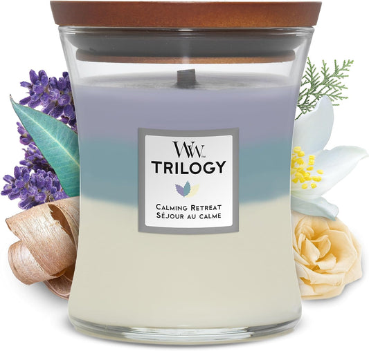 Medium Hourglass Trilogy Scented Candle | Calming Retreat | with Crackling Wick | Burn Time: up to 60 Hours, Calming Retreat