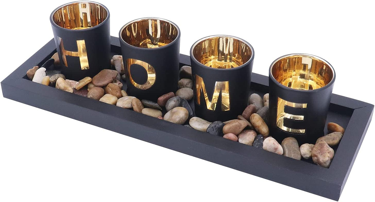 Candle Holder Set, Includes 4 Glass Cups, Natural Stones and Wooden Tray for Table Home Decorations (Home)