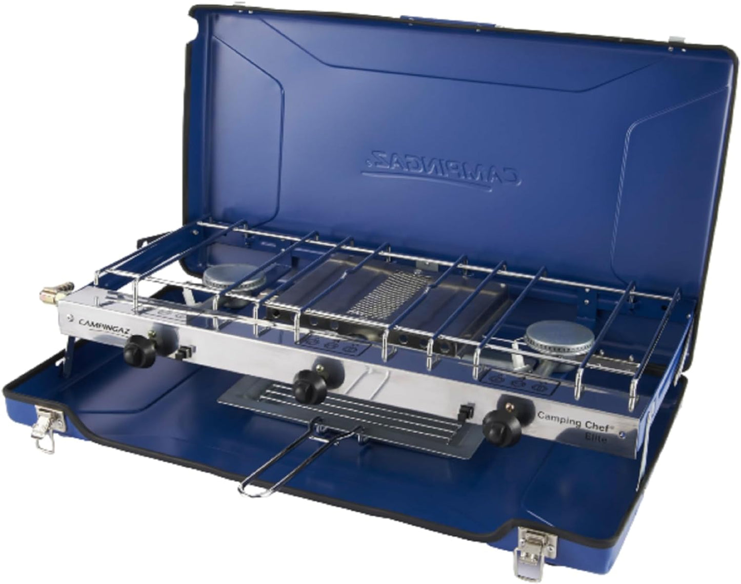 Chef Folding Double Burner Stove and Grill, Compact Gas Cooker for Camping or Festivals, Blue