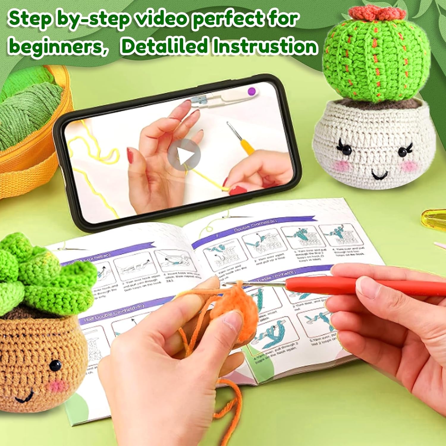 4PCS Crochet Kit for Beginners Adults, Beginners Crochet Kit, Crochet Plant Kit, Crochet Kits for Kids and Adults with Step-By-Step Video Tutorials, Learn to Crochet Starter Kit for Beginners