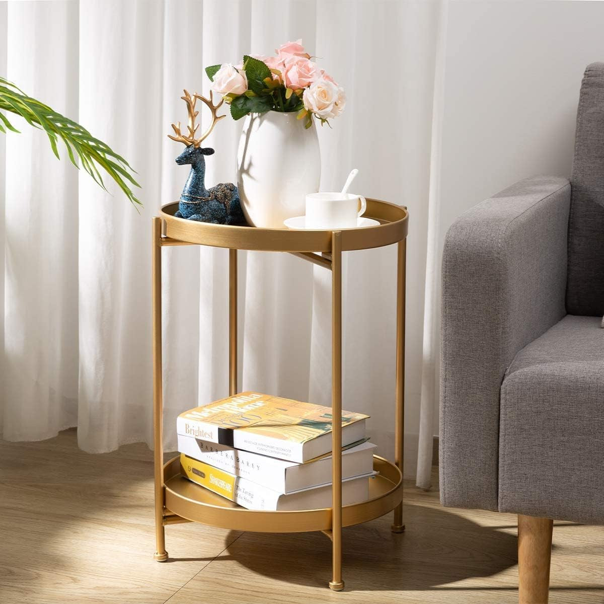 round Side Table Gold End Table, 2-Tier Metal Tray Snack Table Coffee Table Tea Table Nightstand Sofa Table for Living Room Bedroom Balcony Patio