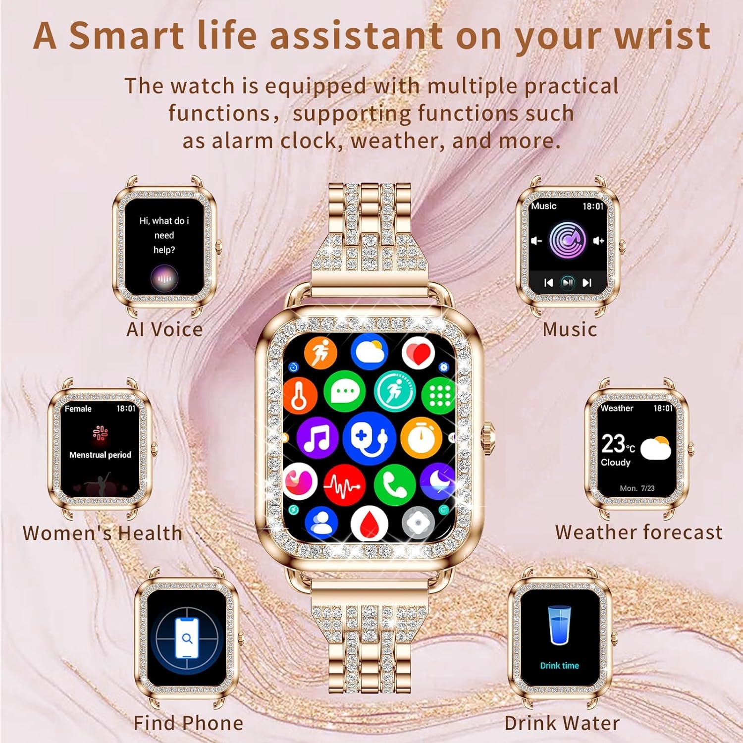 Smart Watches for Women Diamond,1.29"Amoledtouch Screen Ladies Waterproof Smart Watch with Heart Rate/Blood Pressure/Sleep Monitor,19 Sport Modes Womens Smart Watches for Android IOS