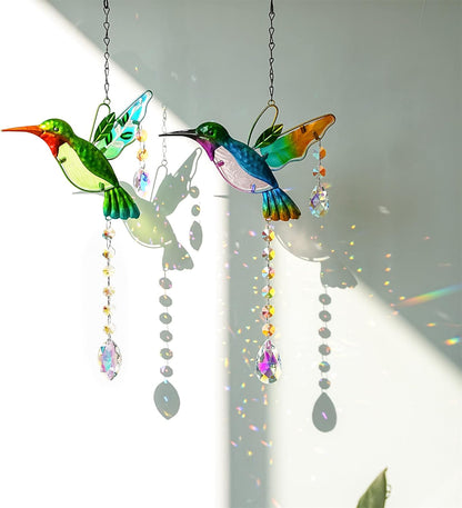 2PCS Hummingbird Suncatchers,Stained Glass Window Hanging Ornament,Rainbow Maker Crystal Prism Suncatcher Outdoor Indoor Home Garden Party Decoration