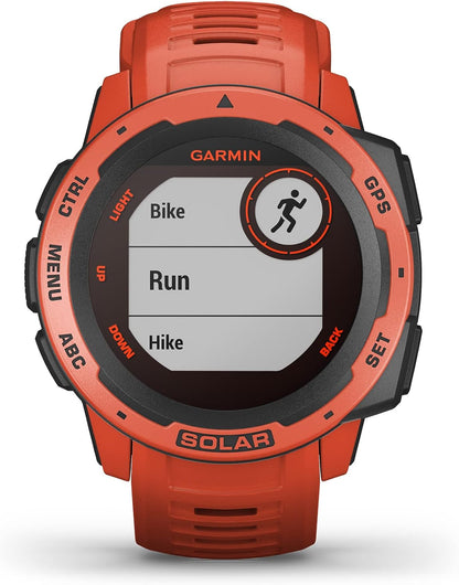 Instinct SOLAR, Rugged GPS Smartwatch, Built-In Sports Apps and Health Monitoring, Solar Charging and Ultratough Design Features, Flame Red