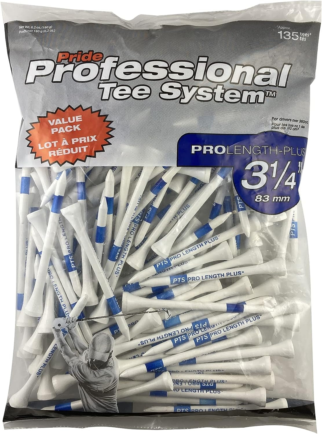 Pride Professional Tee System, 3-1/4 Inch Prolength plus Tee, 135 Count, White