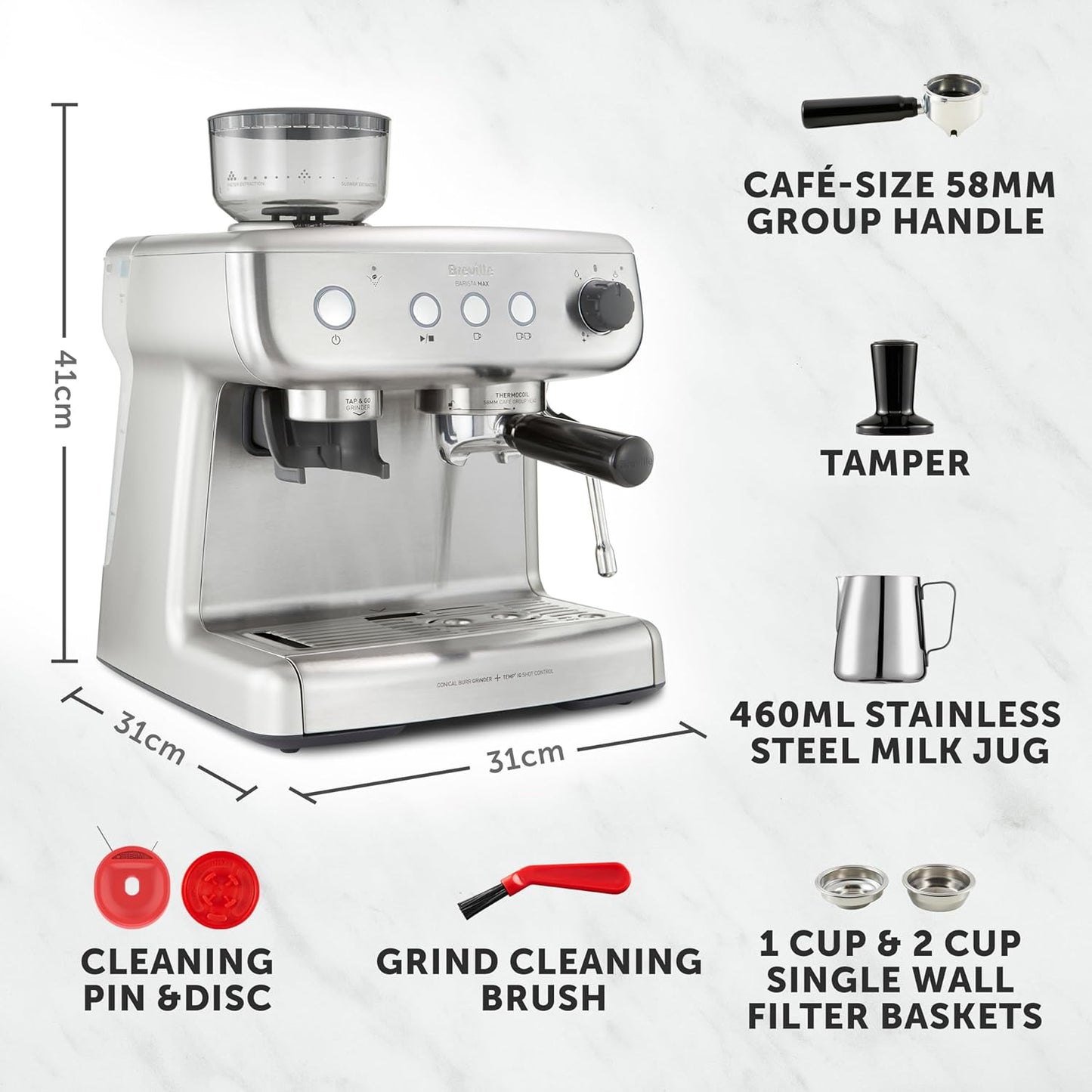 Barista Max Espresso Machine | Latte & Cappuccino Coffee Maker with Integrated Bean Grinder & Steam Wand | 2.8 L Water Tank | 15 Bar Italian Pump | Stainless Steel