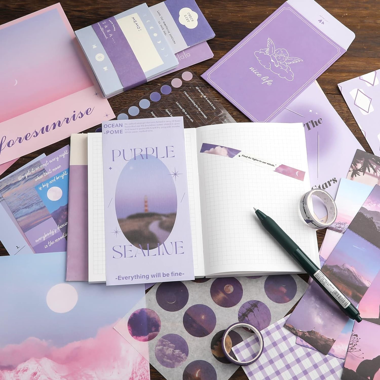 Aesthetic Scrapbook Kit, Purple Scrapbooking Journaling Supplies Kit with Stationery Journal Scrapbooking Supplies A6 Grid Notebook for Girls DIY Gift (Moonlight)