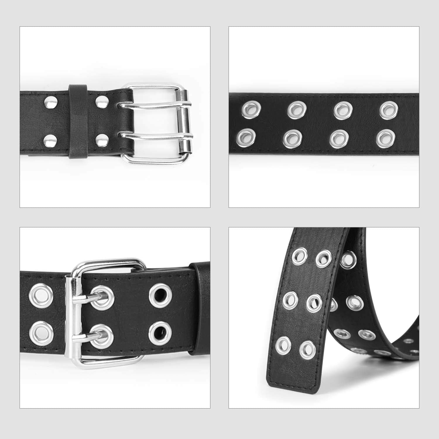 Double Grommet Belt Women PU Leather Double Hole Eyelet Belt Punk Goth Halloween Belt for Jeans Pants