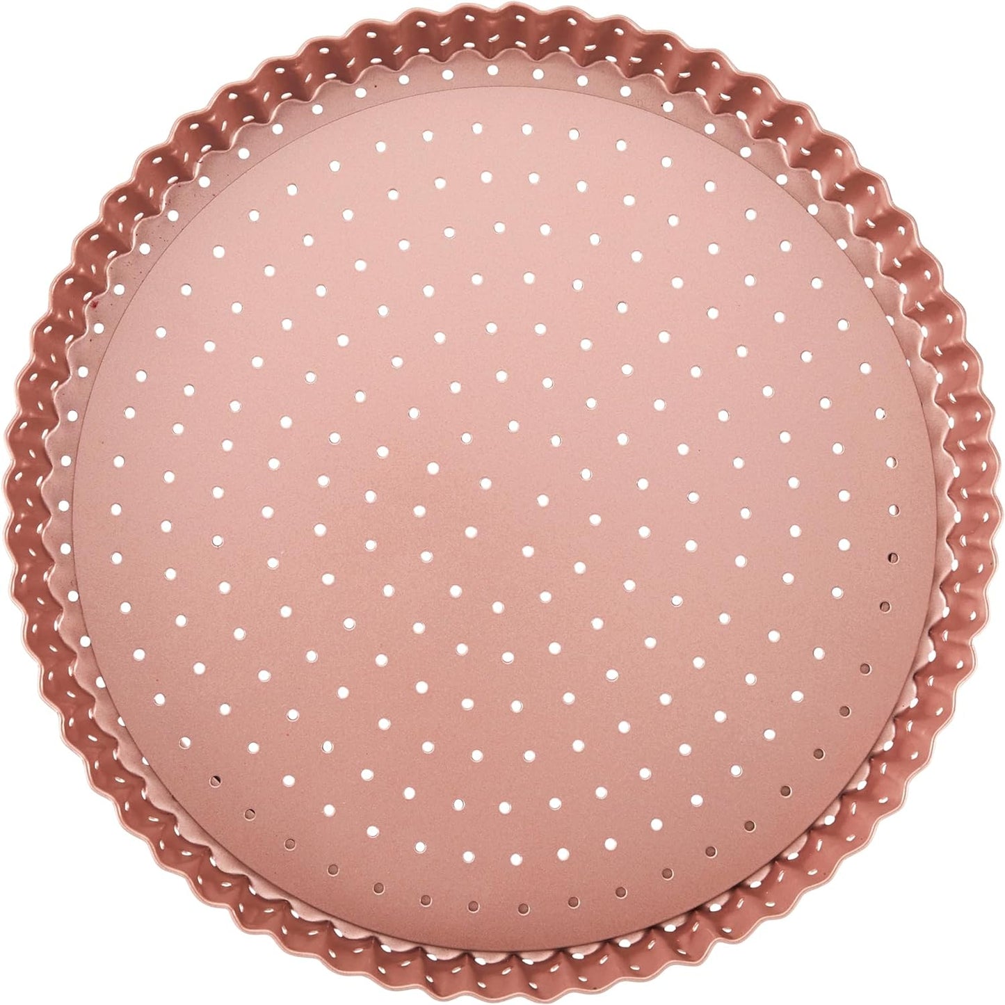 Rose Gold round Quiche and Tart Pan, PFOA PTFE Free, Perforated Sheet Bakeware, Circular Pastry Mould with Removable Base, Non-Stick, 24X24X2.5Cm