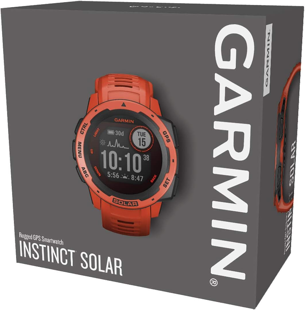 Instinct SOLAR, Rugged GPS Smartwatch, Built-In Sports Apps and Health Monitoring, Solar Charging and Ultratough Design Features, Flame Red