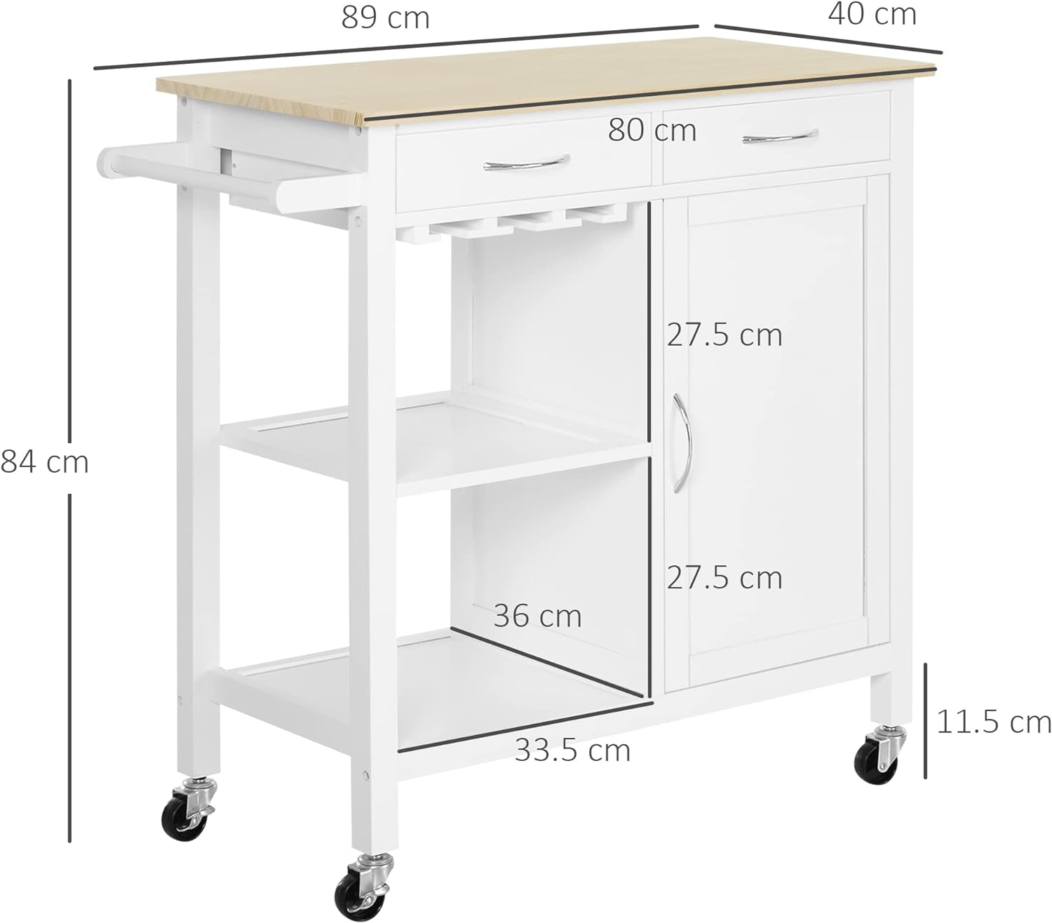 Kitchen Storage Trolley Cart Cupboard Rolling Wheels Shelves Cabinet Island W/Drawers Towel Rail Wine Glass Rack Pine Wood Worktop White