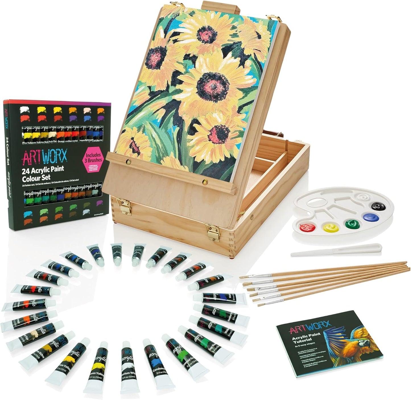 Painting Set for Adults - Box Easel - Portable Table Top Easel - Kit Includes 2 X Canvasses, 24 X Paints & 6 Brushes - Canvas Painting Set