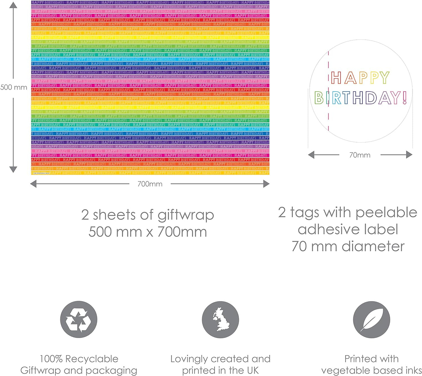 Cards Wrapping Paper 12370A"Rainbow Stripe" Gift Wrap Pack with 2 Sheets & 2 Tags, Plastic Free & Fully Recyclable, Multicoloured