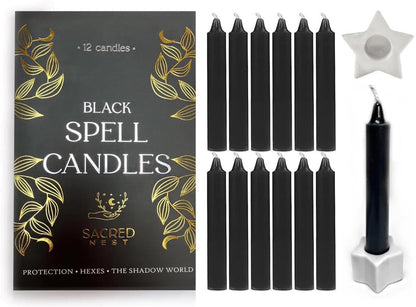 Magic Spell Candles | Set of 12 Black Candles with Ceramic Star Spell Candle Holder & Spell Book | Perfect Witch Candles | Witchcraft Supplies | Gothic Homeware