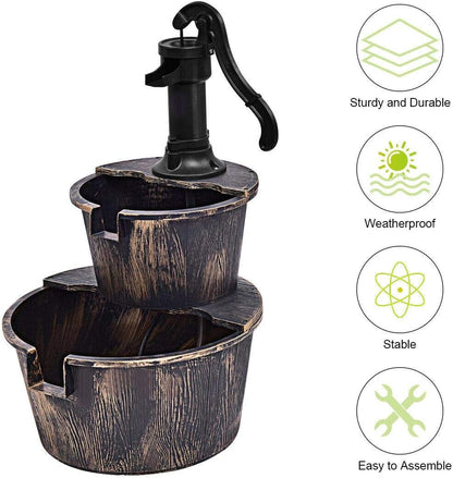 Electric Outdoor Wooden Effect Plastic 2 Tier Barrel Waterfall Fountain Cascading Water Fountain Pump Patio Deck Feature Ornament