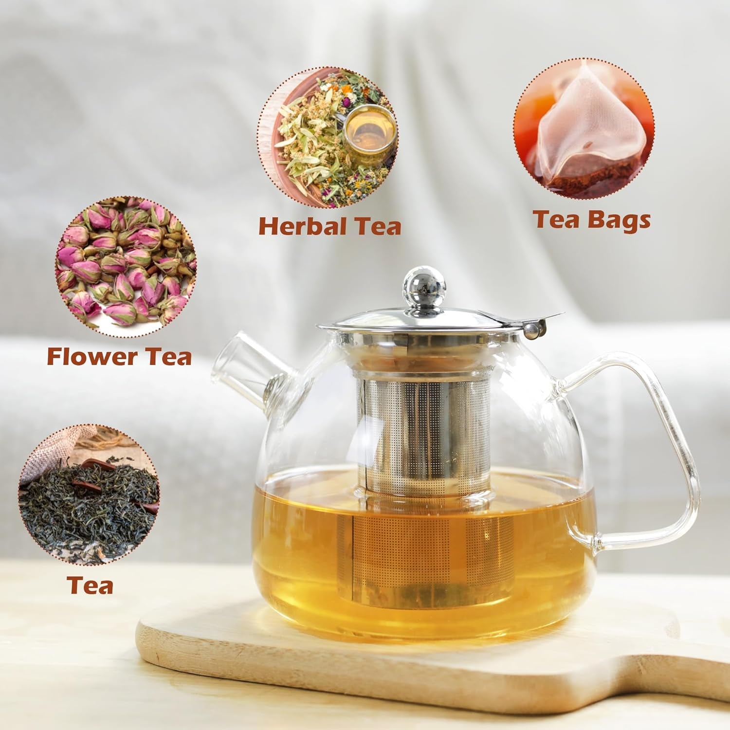 Glass Teapot 1000Ml Borosilicate Tea Pot with Removable Stainless Steel Infuser for Loose Tea Stovetop Safe and Heat-Resistant Teapot for Tea and Coffee