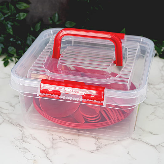 21 Piece Plastic Picnic Camping Party Dinner Plate Mug Cutlery Set Storage Box