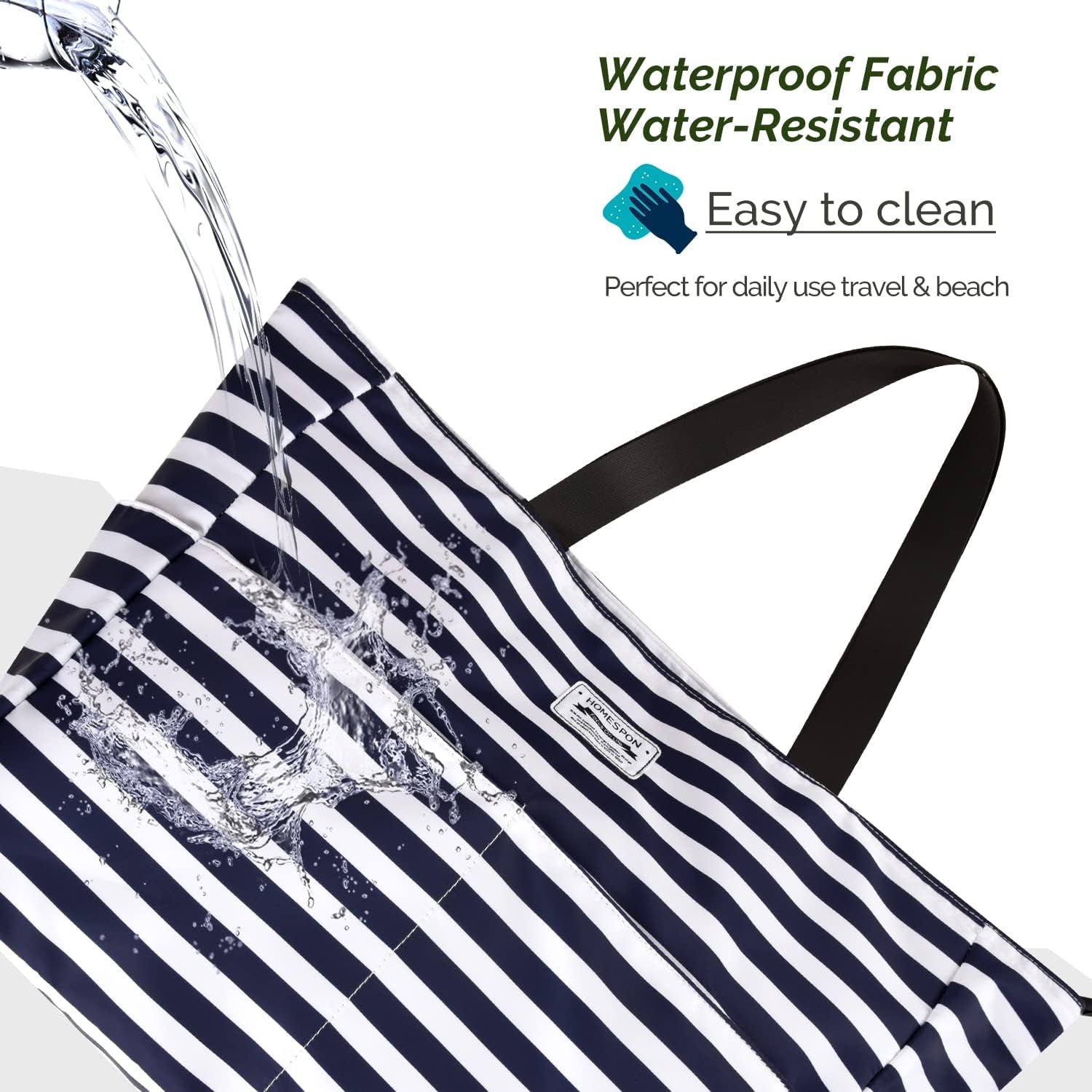 Large Waterproof Beach Tote Bag for Women with Zip and Pockets Foldable Handbag for Travel Pool Shopping Holiday Gym(Blue Stripes)