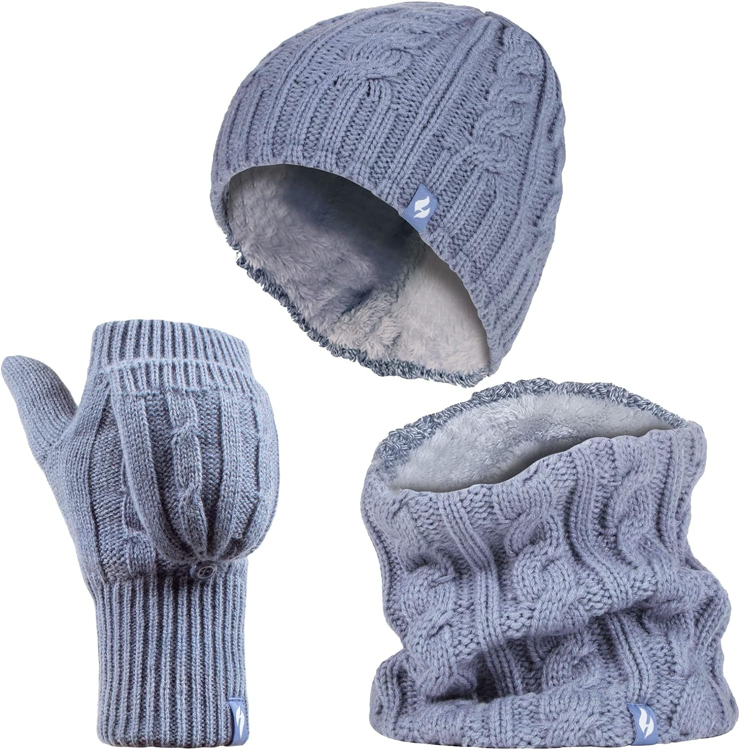 - Womens Thermal Winter Fleece Cable Knit Hat, Neck Warmer and Converter Gloves Set