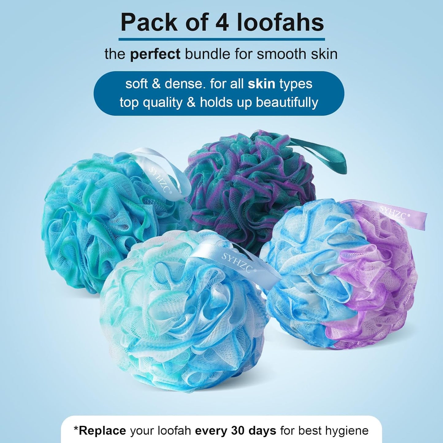 Large 75G Loofah, Shower Puff for Women and Men, Mesh Pouf, Soft Shower Pouf, Bath Scrunchie, Multi Pack Body Puff, Exfoliating Bath Sponge for Adults - Loofa Set of 4 Flower Color