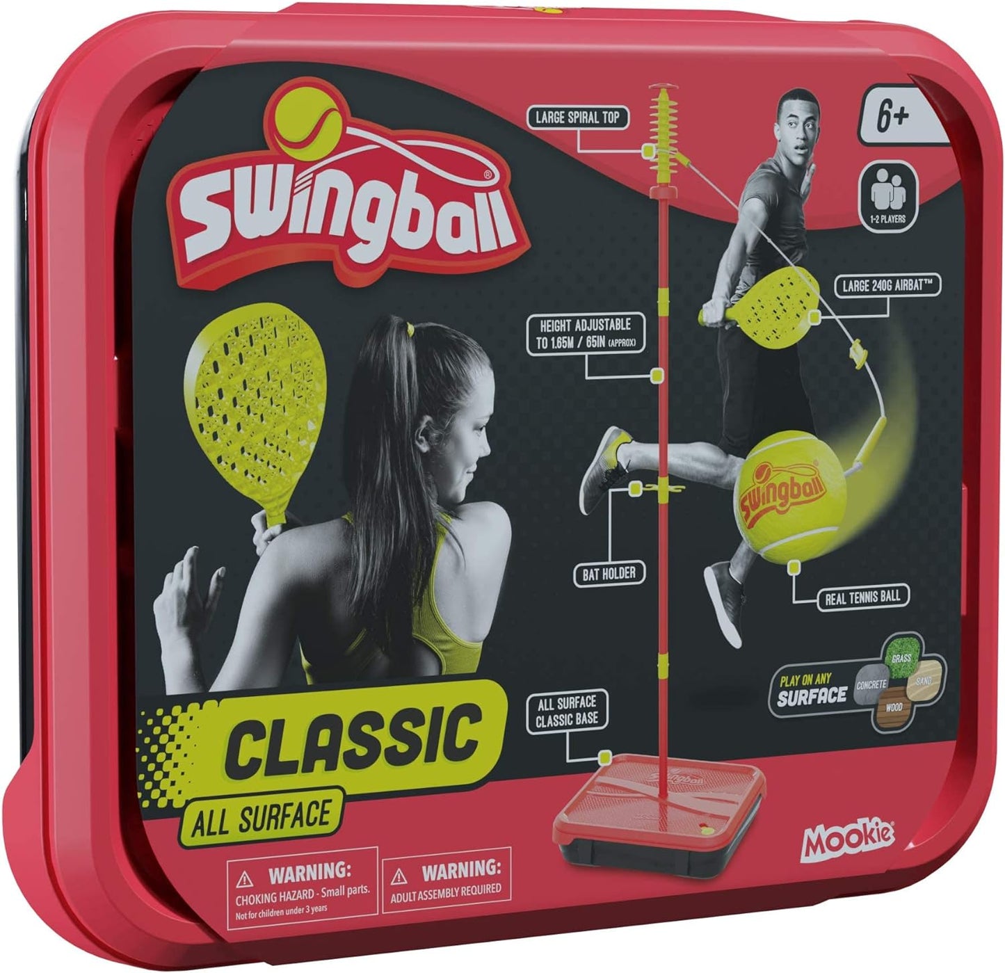 Classic All Surface  Set, Real Tennis Ball, Championship Bats, All Surface Base with Integrated Carry Case for Transportation, for Ages 6+ to Adult, Classic Outdoor Games, Red and Yellow