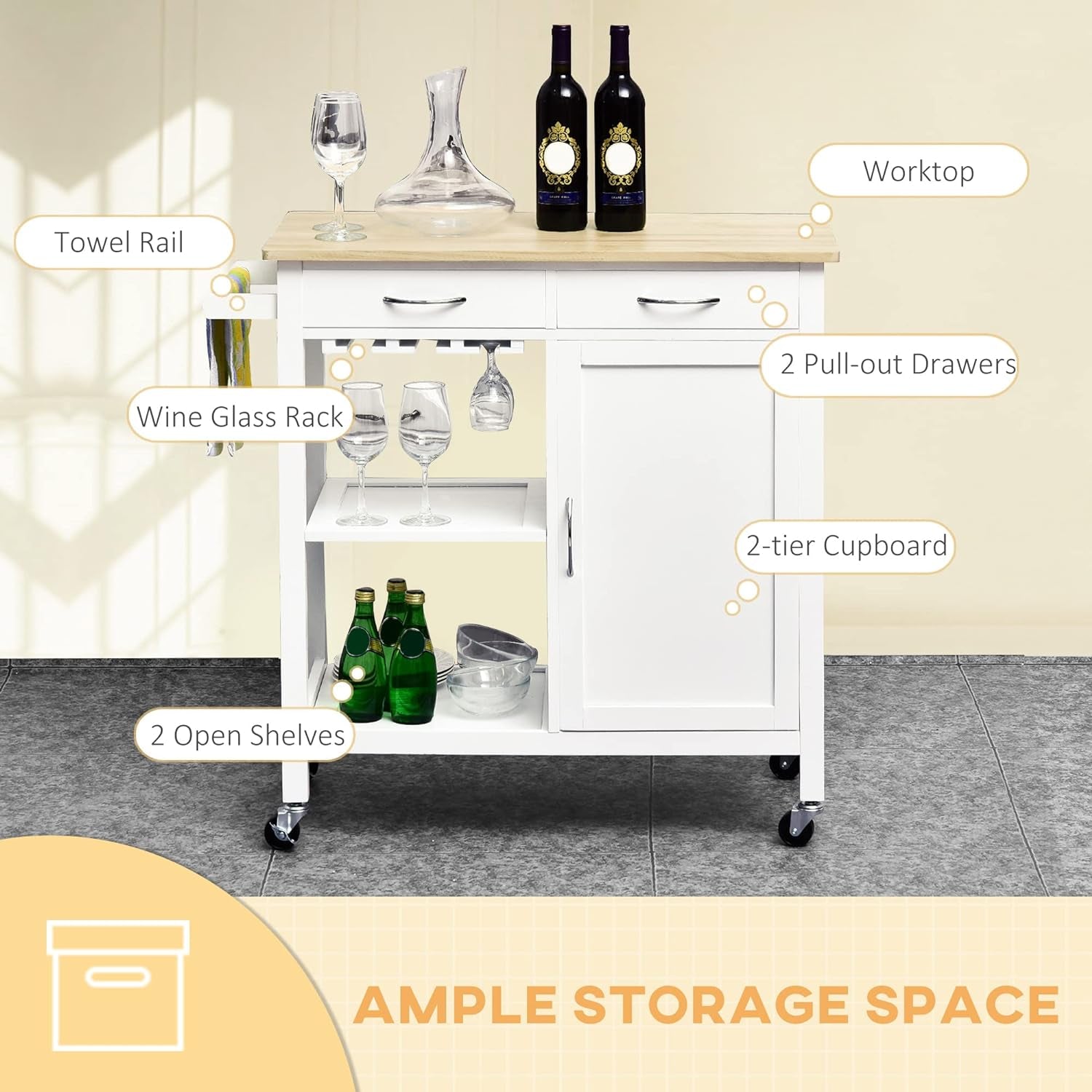 Kitchen Storage Trolley Cart Cupboard Rolling Wheels Shelves Cabinet Island W/Drawers Towel Rail Wine Glass Rack Pine Wood Worktop White