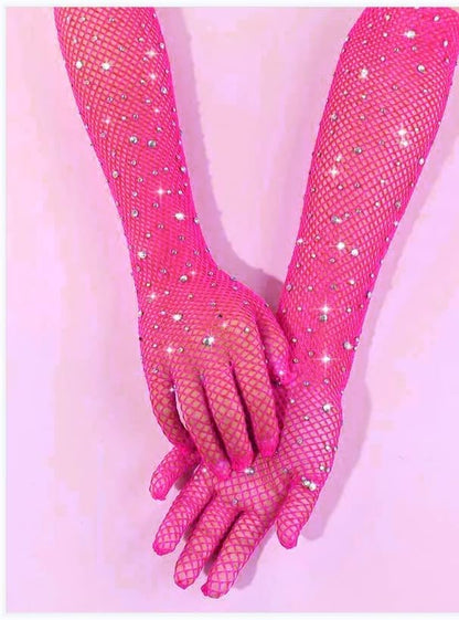 Women Fishnet Rhinestone Gloves Sparkly Party Gloves Glitter Gloves Prom Accessories