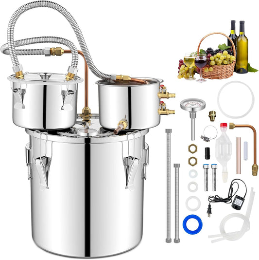 Moonshine Still Distiller, 3 Pots 5 Gal 22L/8.5 Gal 38L Stainless Steel Water Alcohol Spirits Wine Making Boiler with Copper Pipe, Thermometer & Pump, Home Brewing Kit for Whisky Brandy (22L)