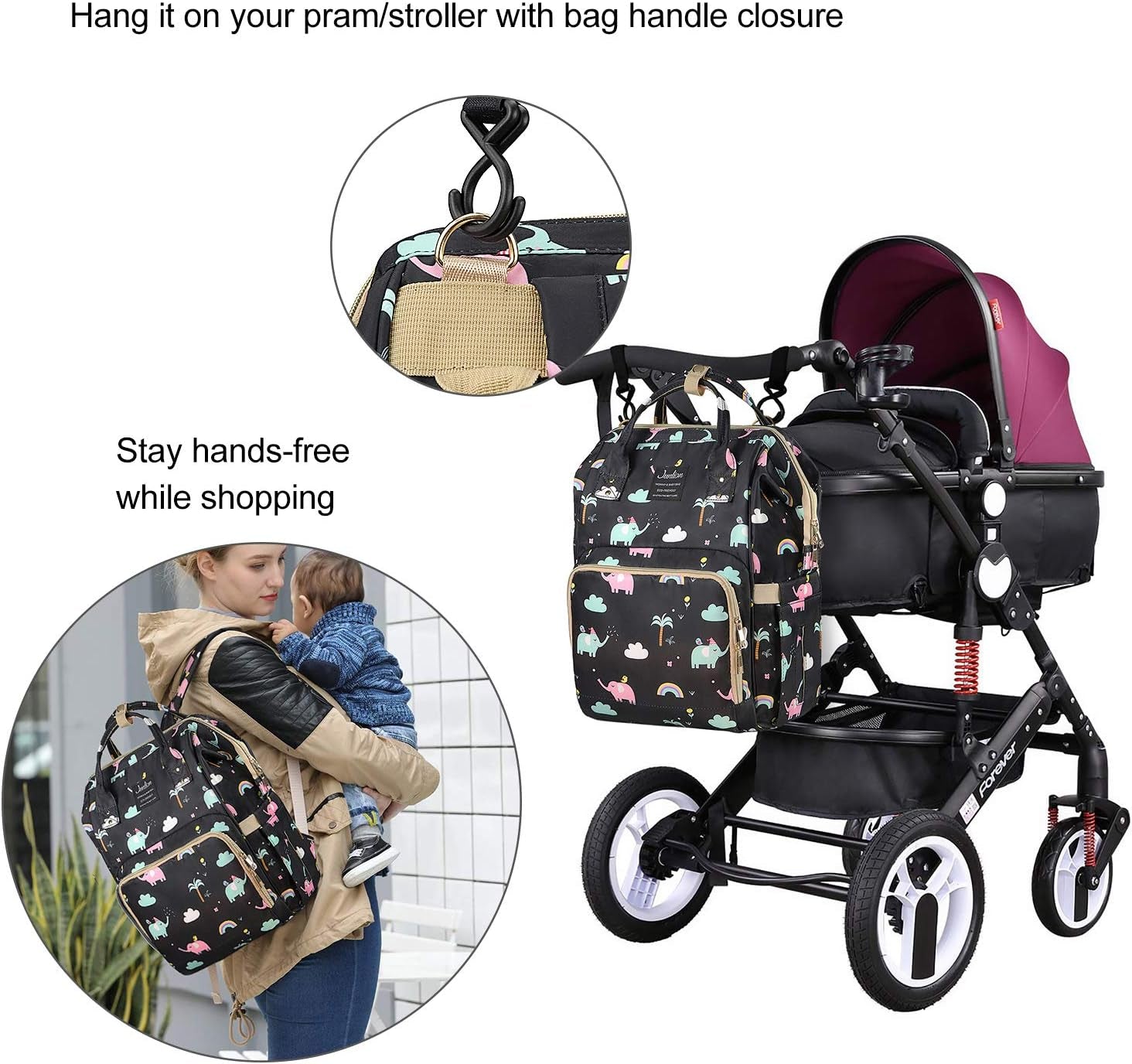 Diaper Bag, Waterproof Diaper Backpack Baby Nappy Changing Bags with Hooks + Separate Dirty Diaper Pouch