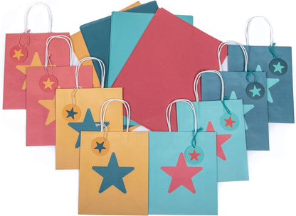 Friendly Star Pattern Kraft-Style Gift Bags with Tissue Paper and Tags. Pack of 8 Bags