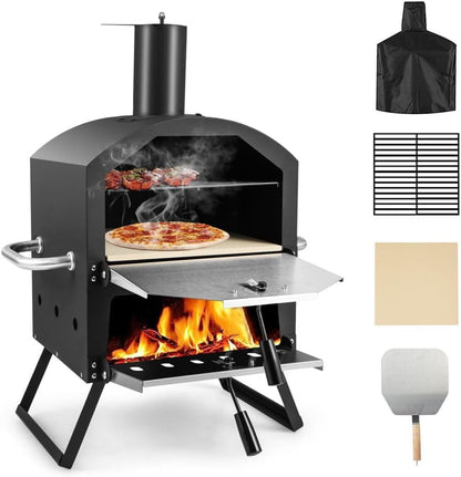 Outdoor Pizza Oven, 2 Tier Wood-Fired Pizza Maker with Waterproof Cover, Cooking Grill and Pizza Stone, Outdoor Garden Patio BBQ Pizza Cooker for Meat, Fish and Veg