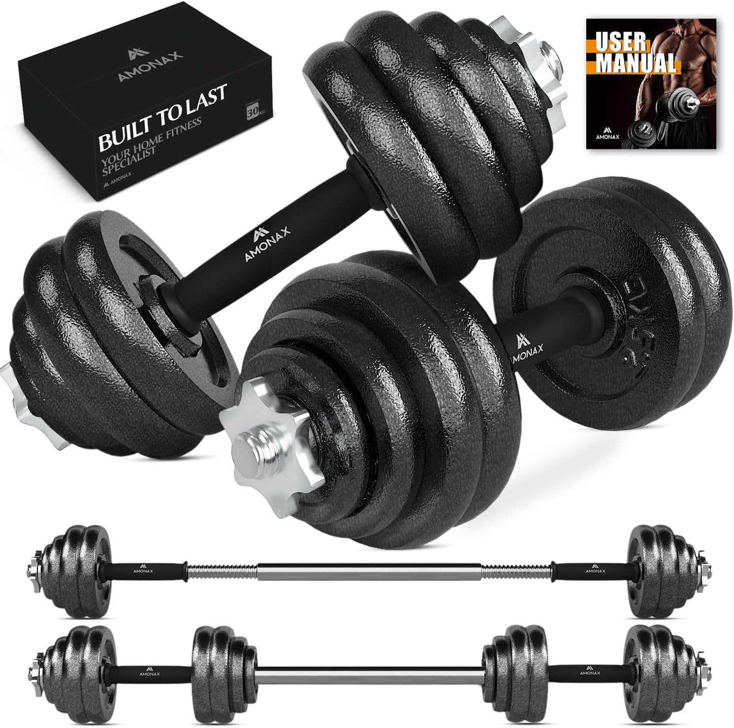 20Kg 30Kg Cast Iron Adjustable Dumbbells Weight Set, Barbell Set Men Women, Strength Training Equipment Home Gym Fitness, Dumbell Pair Hand Weight, Bar Bells Free Weights for Weight Lifting