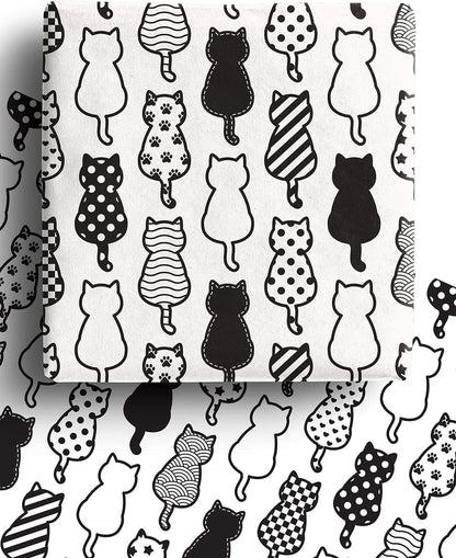 4 X Recyclable Cat Wrapping Paper Sheets 70Cm X 50Cm - Premium Black and White Gift Wrap - Made in the UK - 100% Recycled Eco Friendly Animal Gift Wrapping Paper