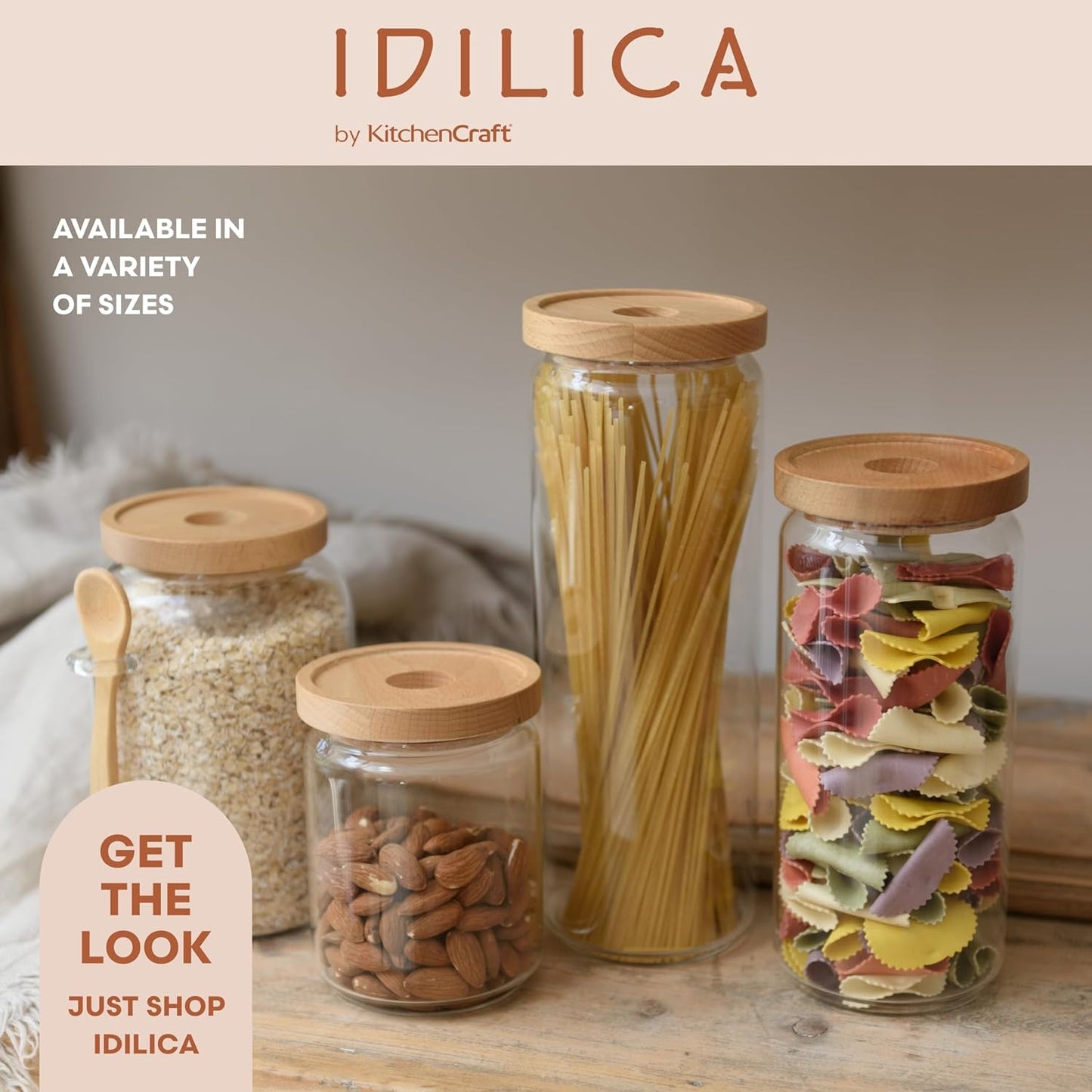 Idilica Glass Storage Jar with Beechwood Lid and Bamboo Spoon, Airtight Glass Canister with Wooden Lid for Kitchen Storage and Organisation, 1200Ml