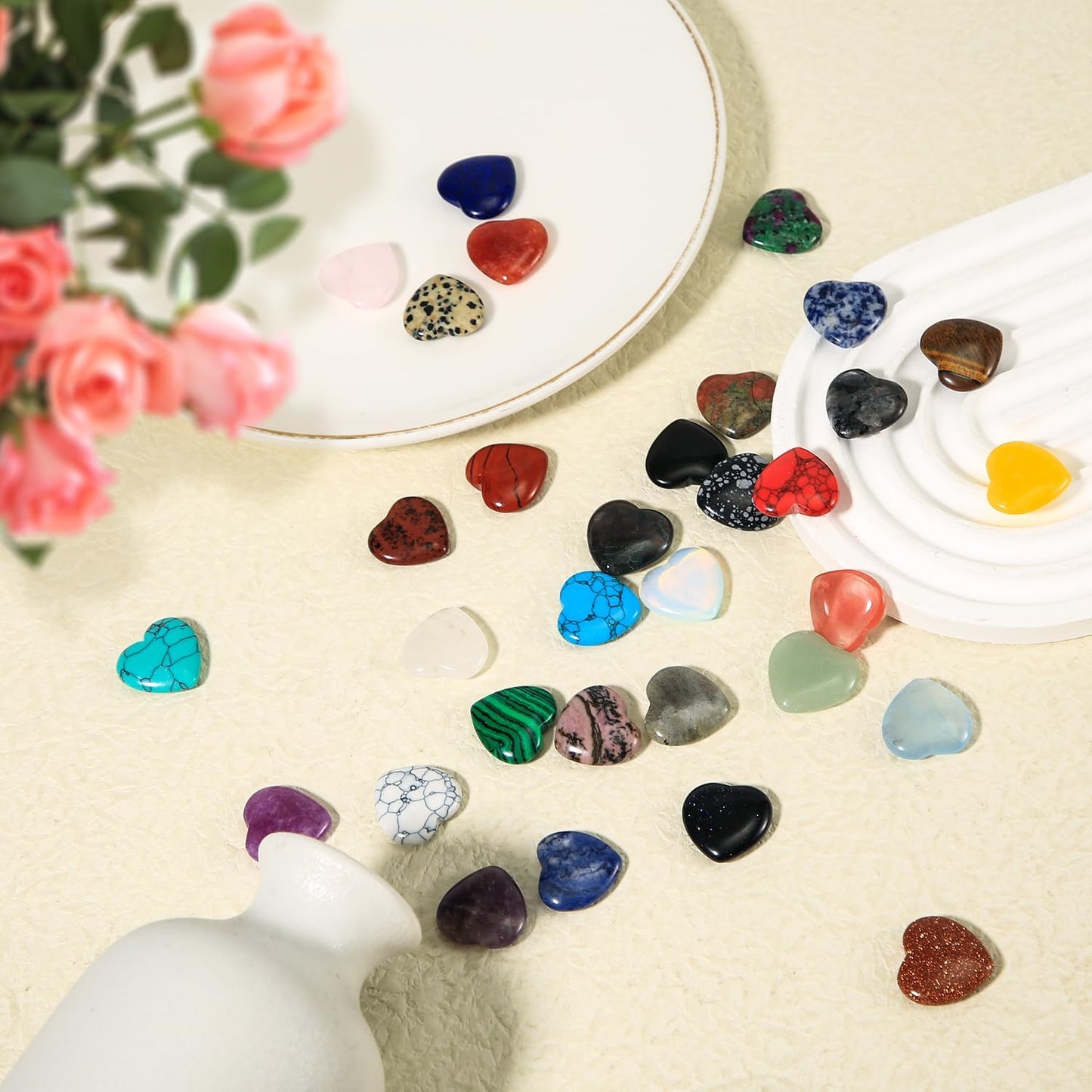 32Pcs Worry Stones, Various Styles Heart Shaped Rocks Colorful Heart Crystals Heart Stones Small Mancala Stones Gemstone Crystals for Valentines Day Christmas Meditation DIY Jewelry