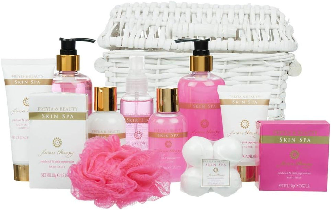 11 Piece Luxurious Patchouli & Pink Peppermint Body & Bath Spa Basket Gift Set - Includes All Bathing Essentials Complete with Large Basket and Bow Ribbon