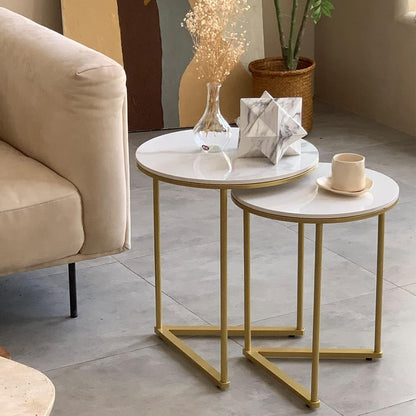 Marble Top Side Table Gold: 2 Nesting Small Sofa End Tables round Bedside Nest Sets High Gloss Sintered Stone Marble Tabletop with Golden Metal Legs Nested Accent Tables for Living Room Offices