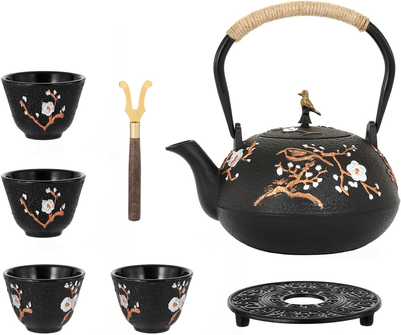 Cast Iron Teapot, 1200Ml Japanese Tetsubin Tea Kettle with Infuser, Glossy Enamel Inside, Plum Flower Teapot Set with Tea Cups, Teapot Holder, Home Health Iron Pot for Stovetop