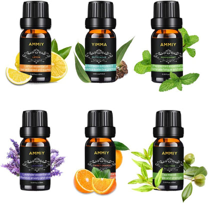 Essential Oils Set of 6 X 10Ml for Aromatherapy Bath Spa Diffuser Fragrance Relaxing Scent, Pure, Natural, Vegan Oils Including Eucalyptus, Lemon, Peppermint, Lavender, Sweet Orange, Tea Tree